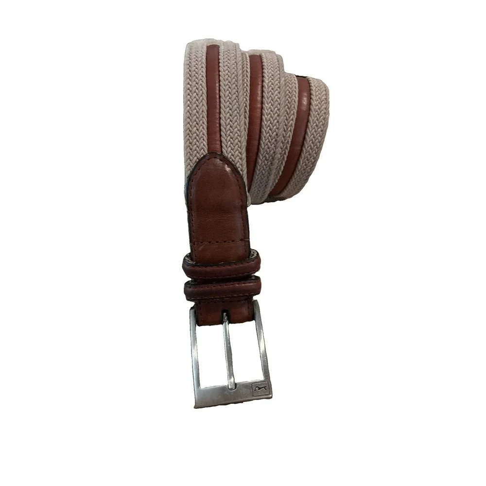 PGA Tour Tan Canvas Webbing Golf Belt Mens 36 Brown Leather Silver Buckle